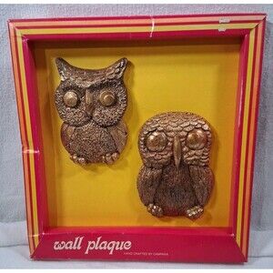Vintage Campana Wall Plaques 2 Owls Gold Brown Mid Century Modern w/ Box Kitsch